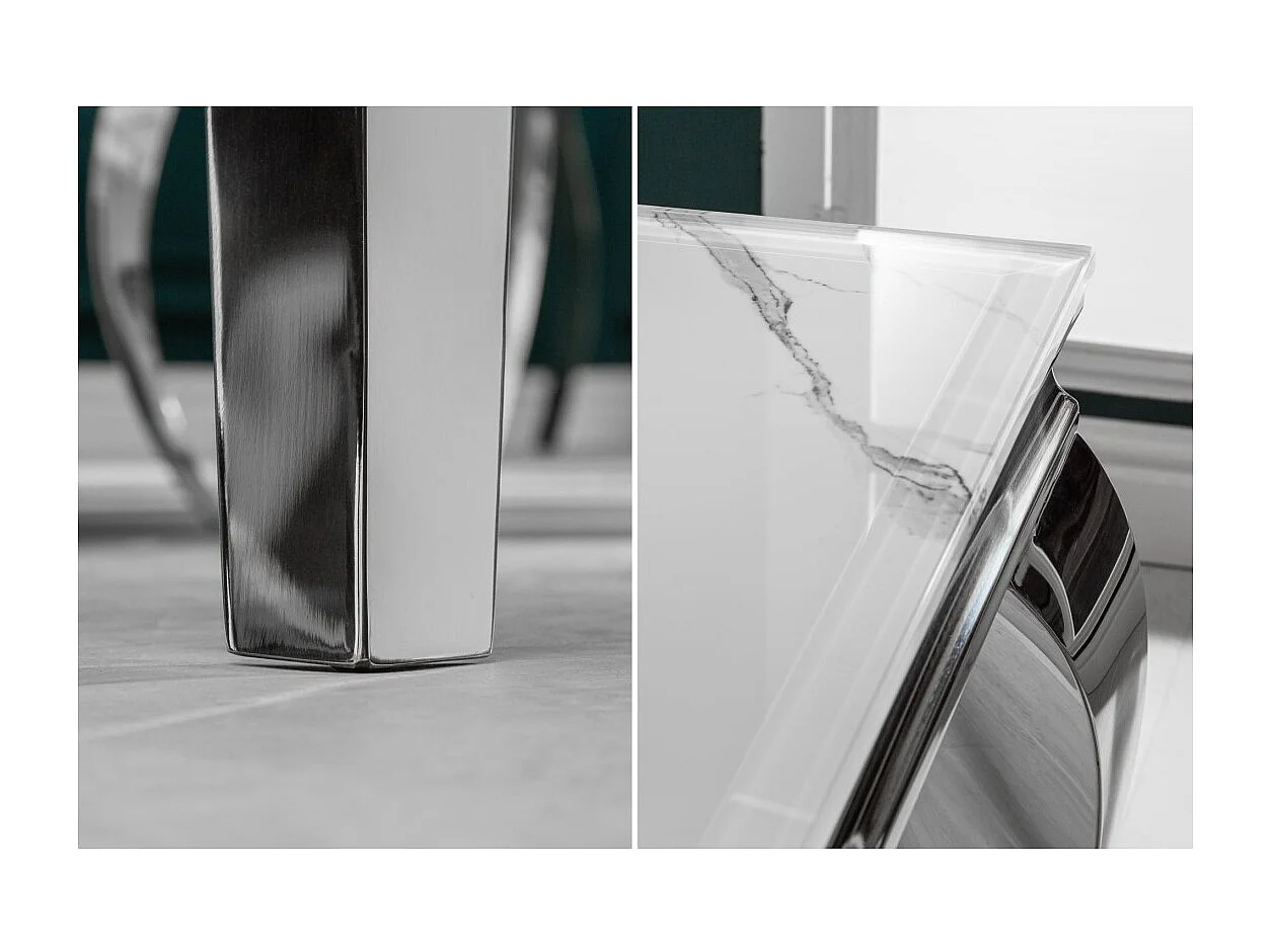 Table VELENA 200 cm – Plateau en verre effet marbre blanc – Structure en acier argenté