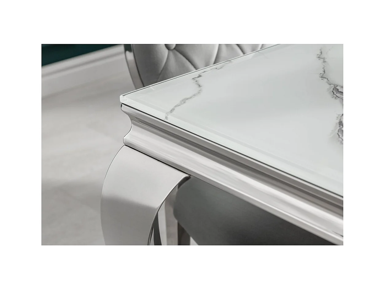 Table VELENA 200 cm – Plateau en verre effet marbre blanc – Structure en acier argenté