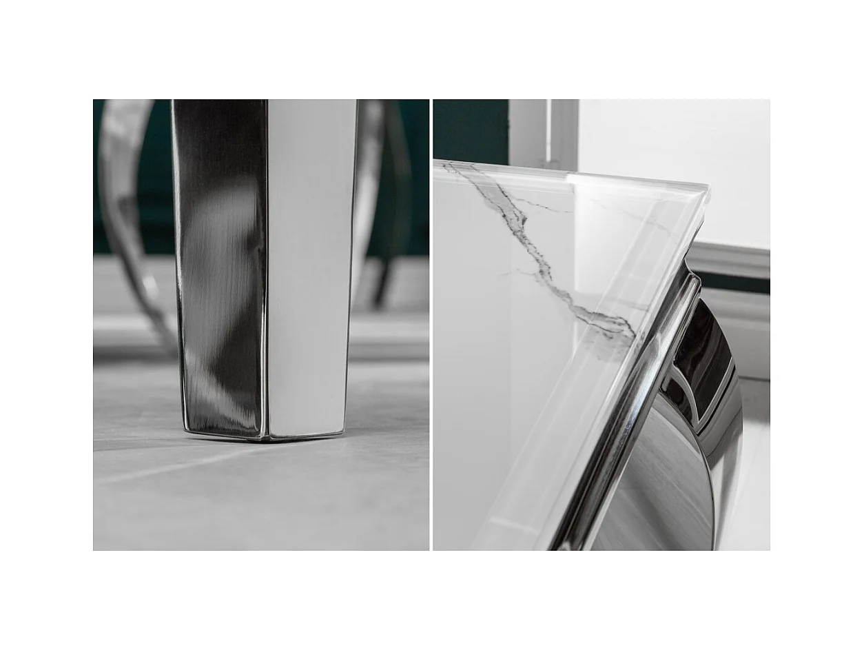 Table VELENA 200 cm – Plateau en verre effet marbre blanc – Structure en acier argenté