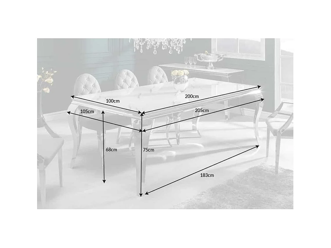 Table VELENA 200 cm – Plateau en verre effet marbre blanc – Structure en acier argenté