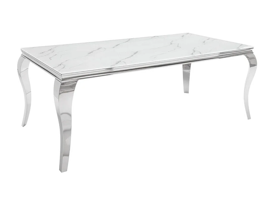 Table VELENA 200 cm – Plateau en verre effet marbre blanc – Structure en acier argenté
