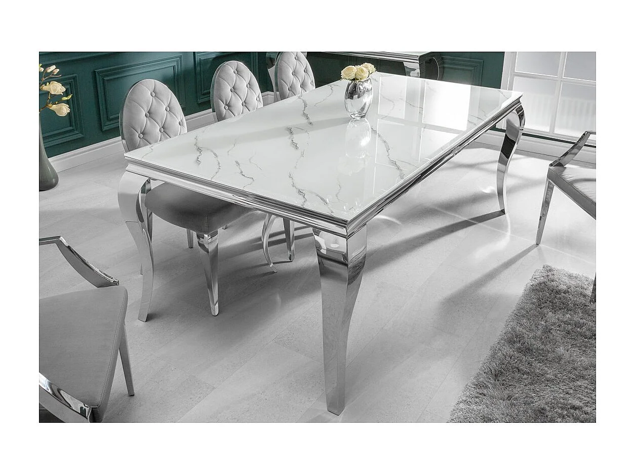 Table VELENA 200 cm – Plateau en verre effet marbre blanc – Structure en acier argenté