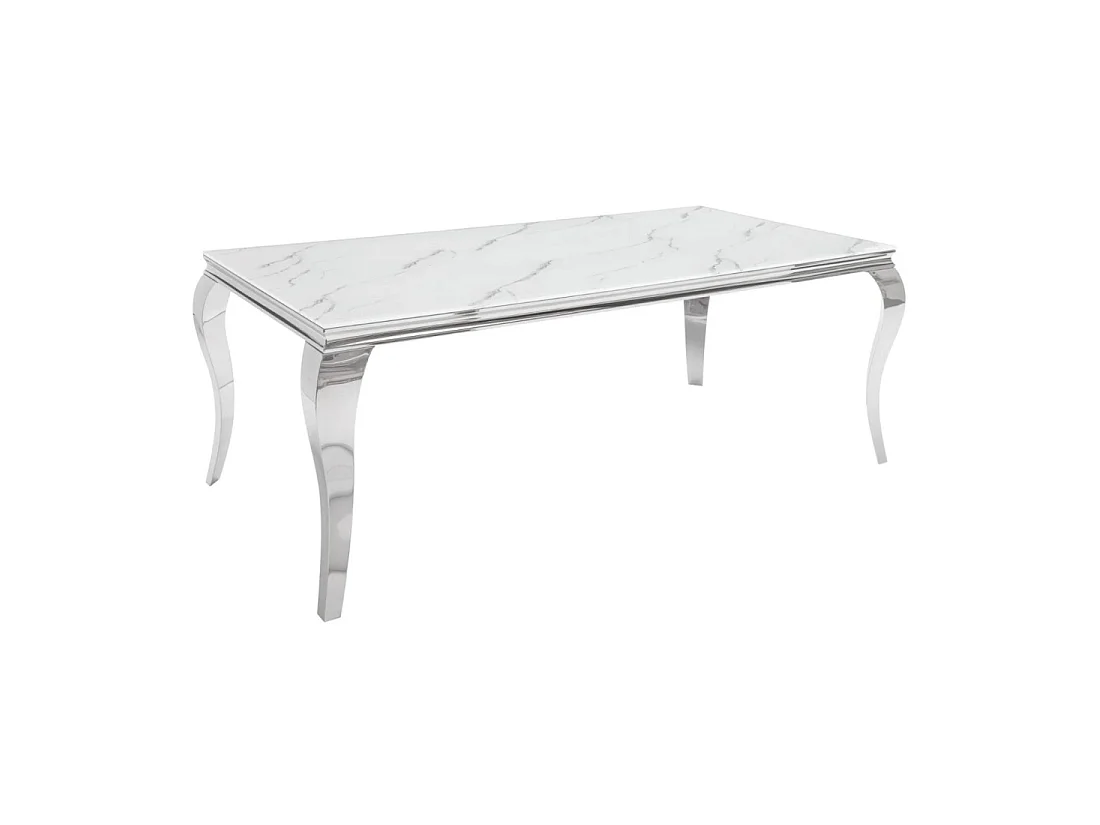 VELENA tafel 200 cm - Blad van glas met wit marmer effect - Structuur van verzilverd staal
