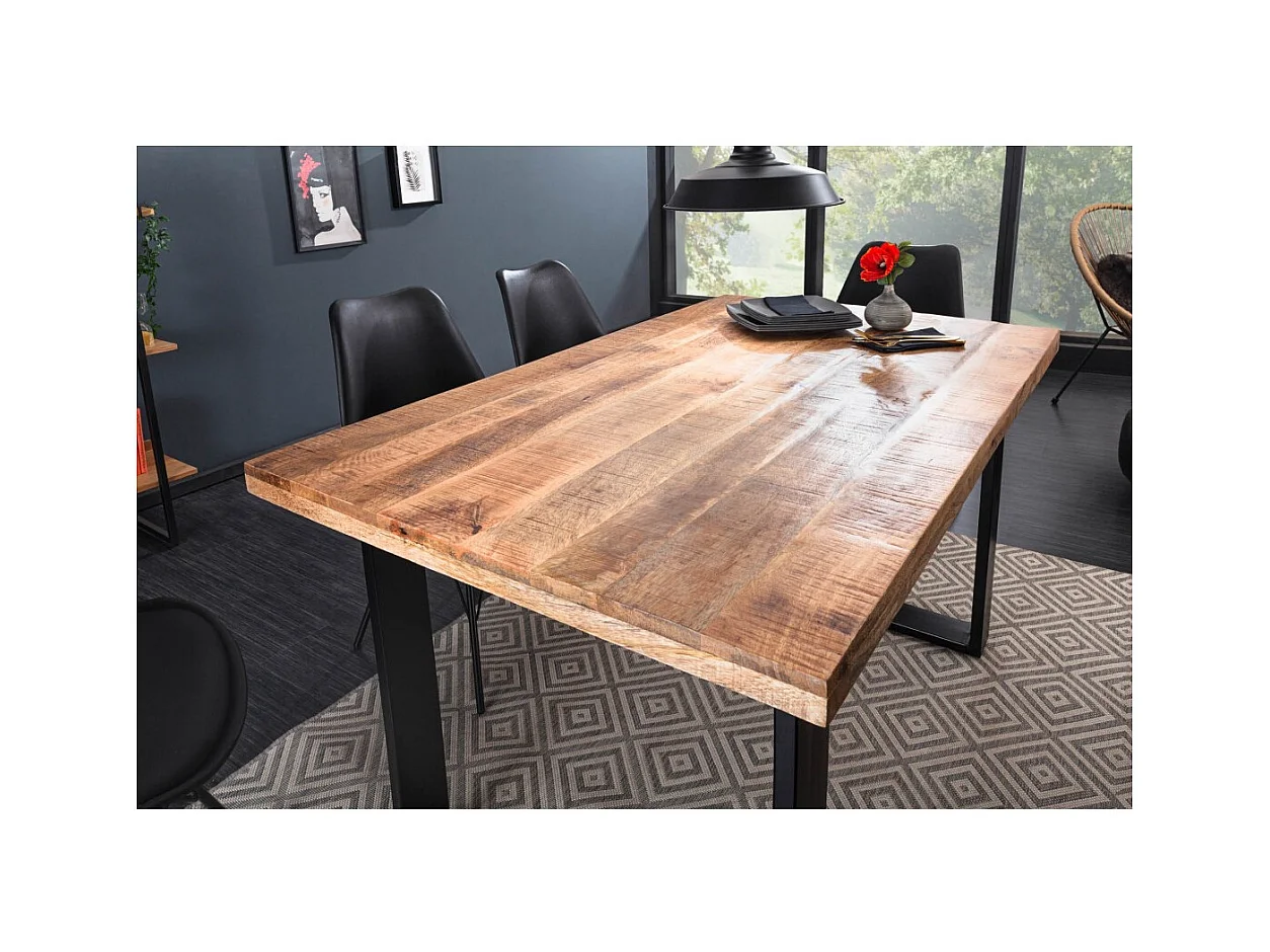 Table LODEN 120 cm – Plateau en bois massif de manguier verni – Pieds en U en métal noir