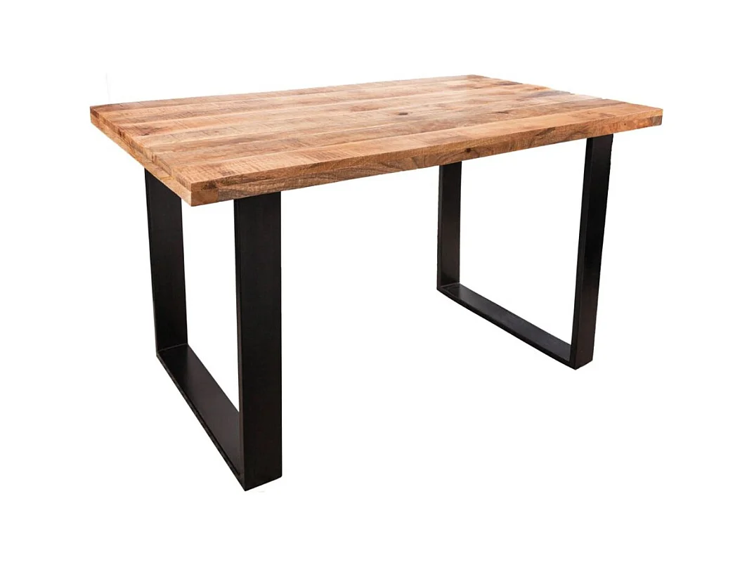 Table de salle à manger LODEN 140 cm – Plateau en bois massif de manguier verni – Pieds en U en métal noir