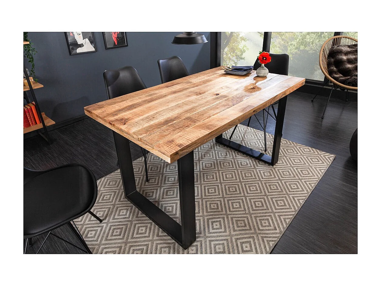 Table de salle à manger LODEN 140 cm – Plateau en bois massif de manguier verni – Pieds en U en métal noir