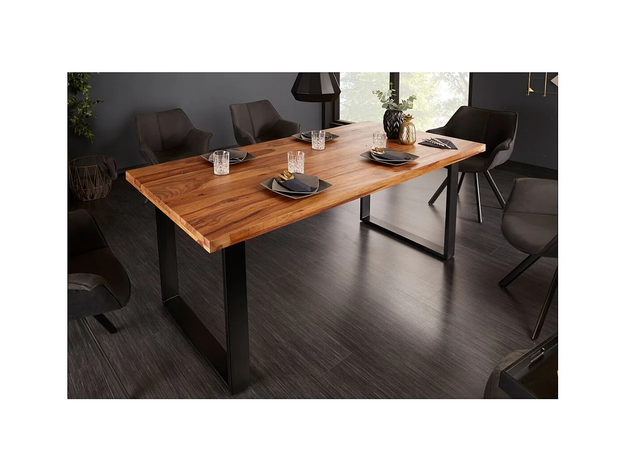 Table de salle à manger LODEN 200 cm – Plateau en bois massif de sheesham verni – Pieds en U en métal noir