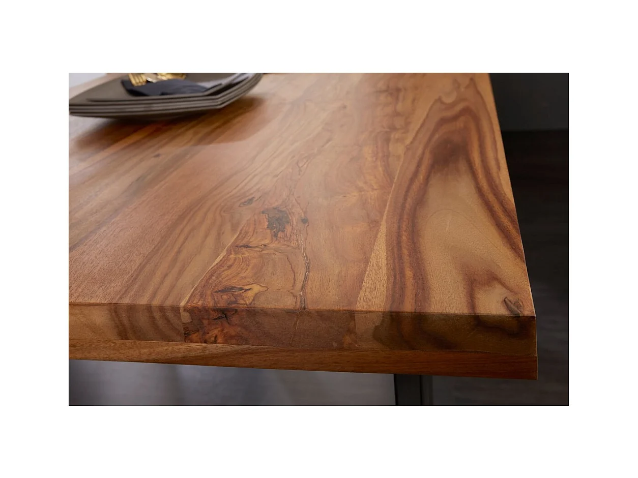 Table de salle à manger LODEN 200 cm – Plateau en bois massif de sheesham verni – Pieds en U en métal noir