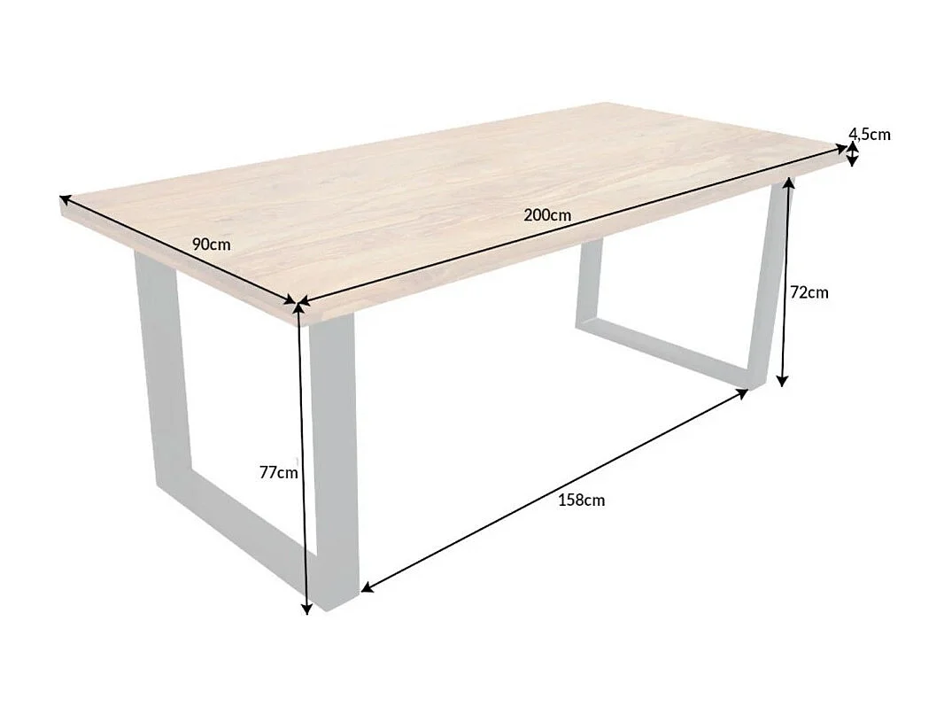 Table de salle à manger LODEN 200 cm – Plateau en bois massif de sheesham verni – Pieds en U en métal noir