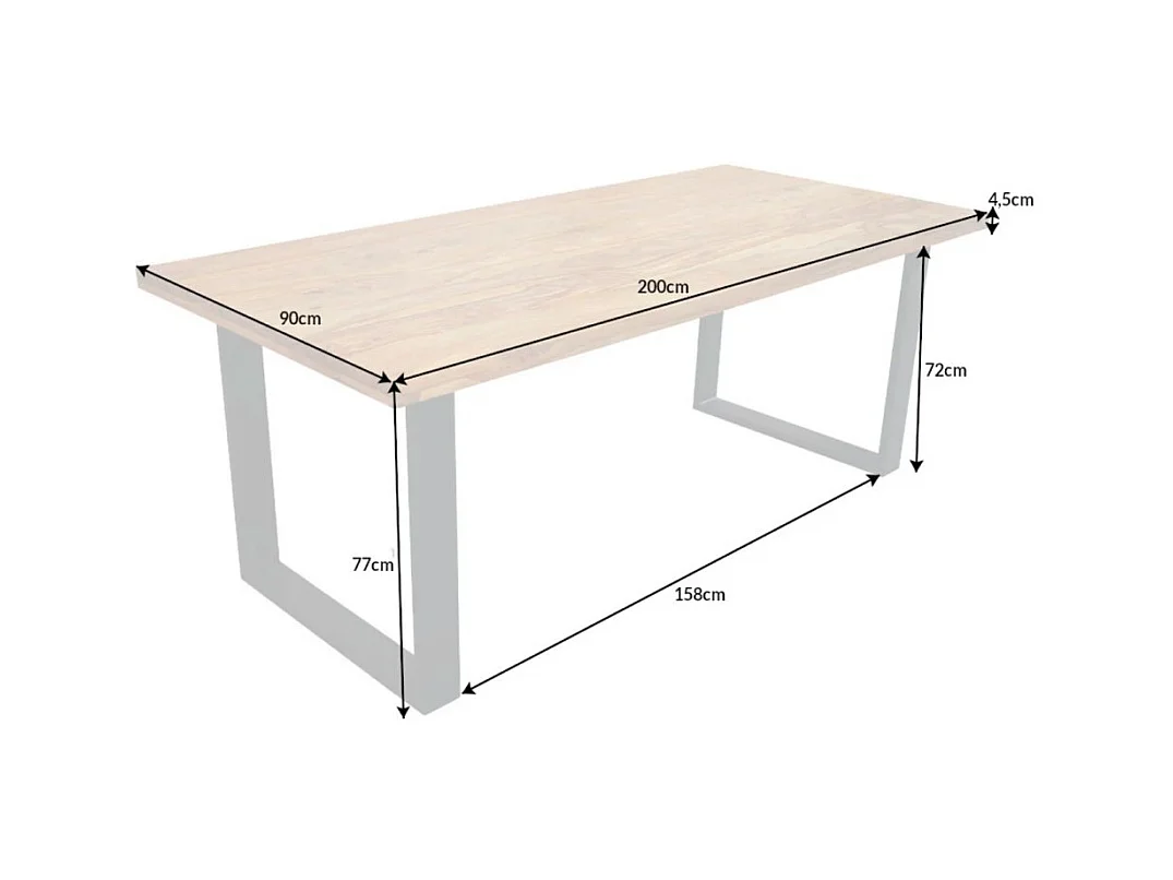Table de salle à manger LODEN 200 cm – Plateau en bois massif de sheesham verni – Pieds en U en métal noir