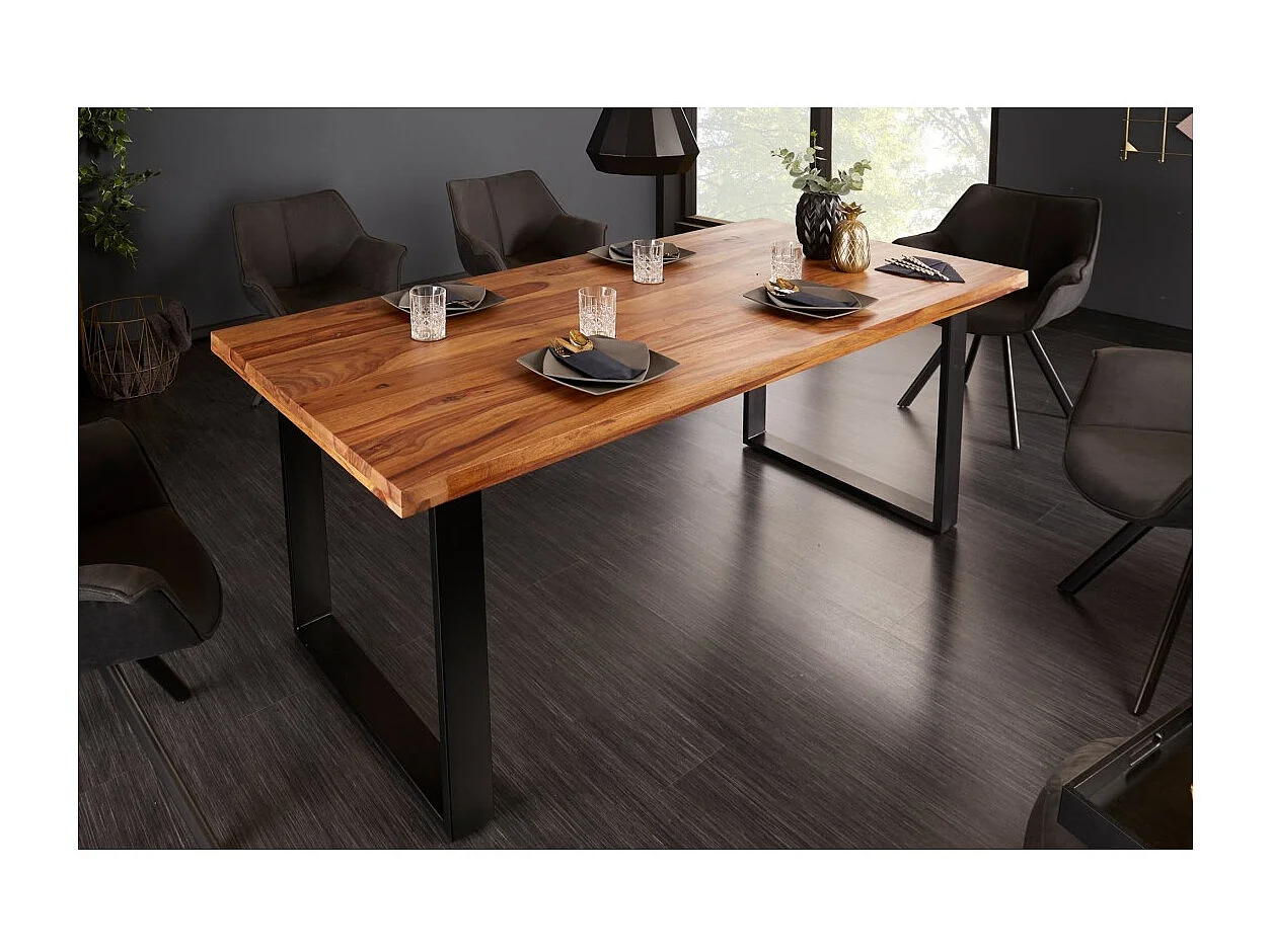 Table de salle à manger LODEN 200 cm – Plateau en bois massif de sheesham verni – Pieds en U en métal noir