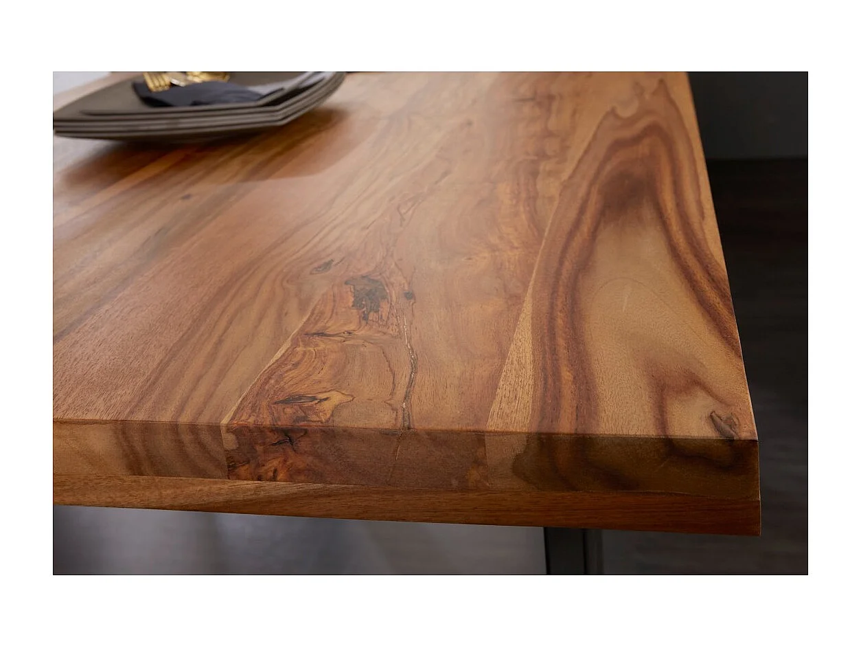Table de salle à manger LODEN 200 cm – Plateau en bois massif de sheesham verni – Pieds en U en métal noir