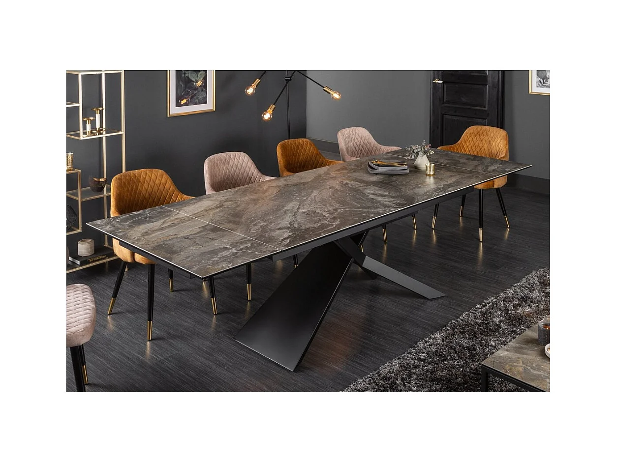 Table de salle à manger STELIX 180–220–260 cm – Plateau en céramique effet marbre et verre trempé