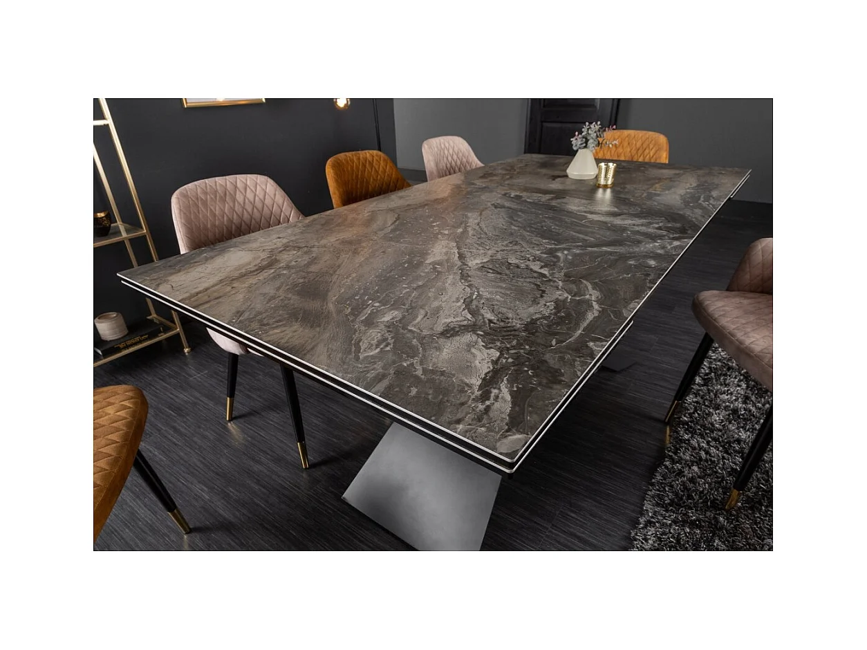 Table de salle à manger STELIX 180–220–260 cm – Plateau en céramique effet marbre et verre trempé