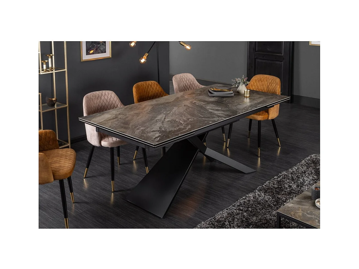 Table de salle à manger STELIX 180–220–260 cm – Plateau en céramique effet marbre et verre trempé