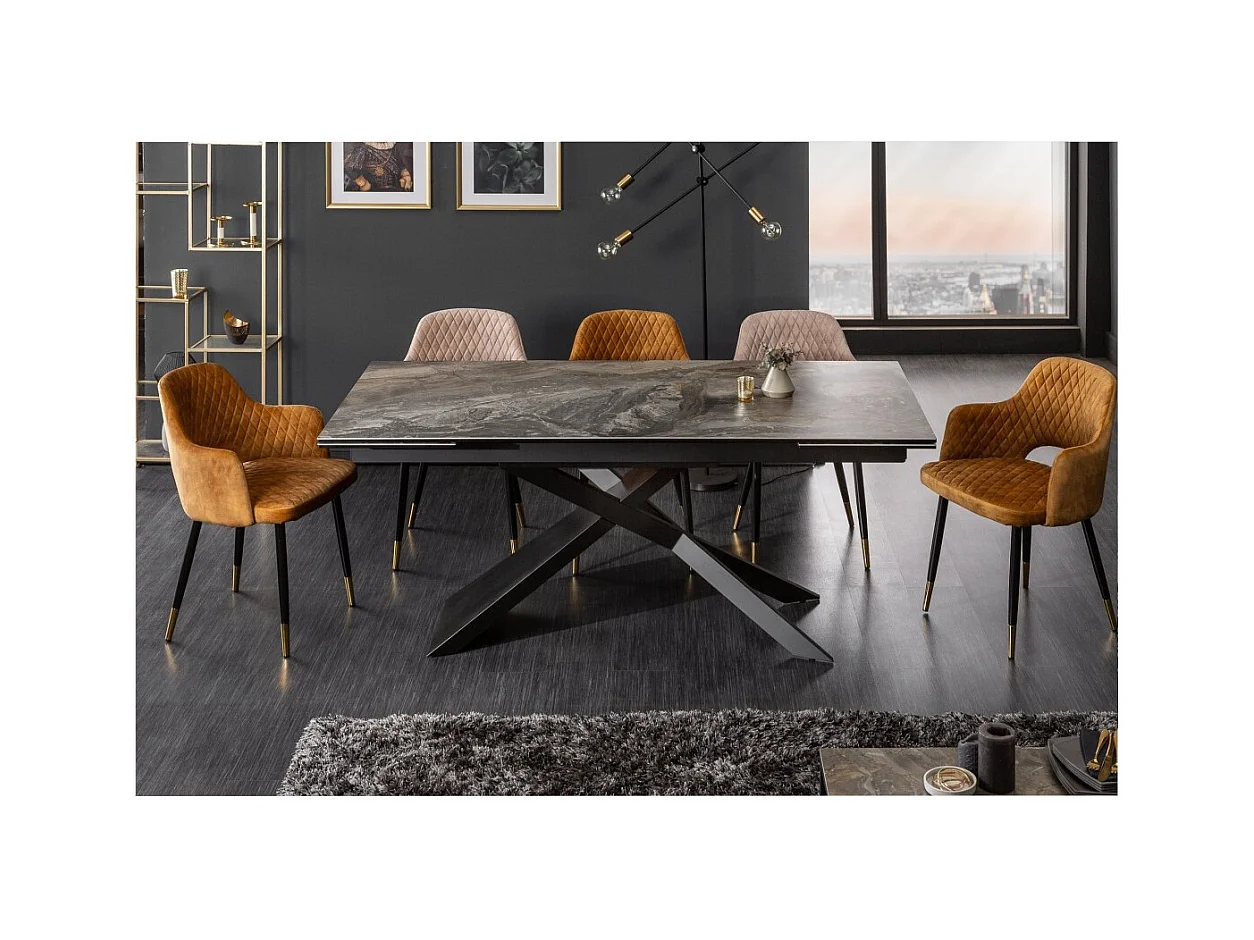 Table de salle à manger STELIX 180–220–260 cm – Plateau en céramique effet marbre et verre trempé