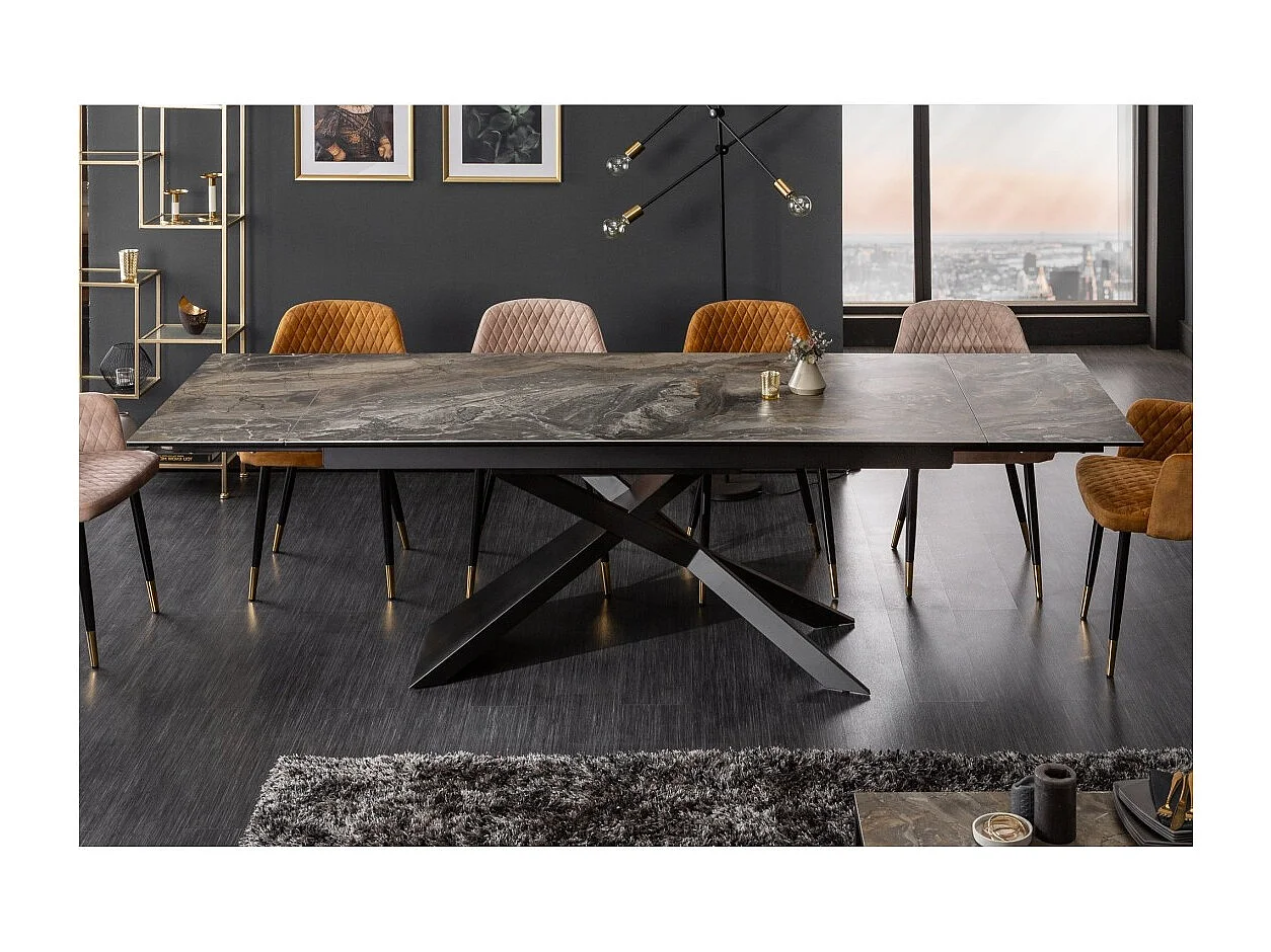 Table de salle à manger STELIX 180–220–260 cm – Plateau en céramique effet marbre et verre trempé