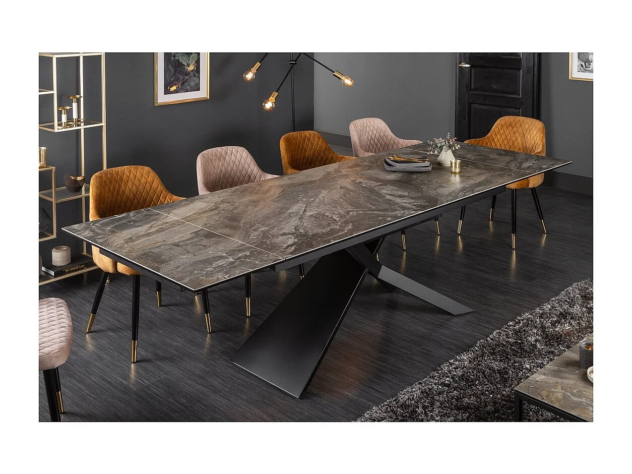 Table de salle à manger STELIX 180–220–260 cm – Plateau en céramique effet marbre et verre trempé