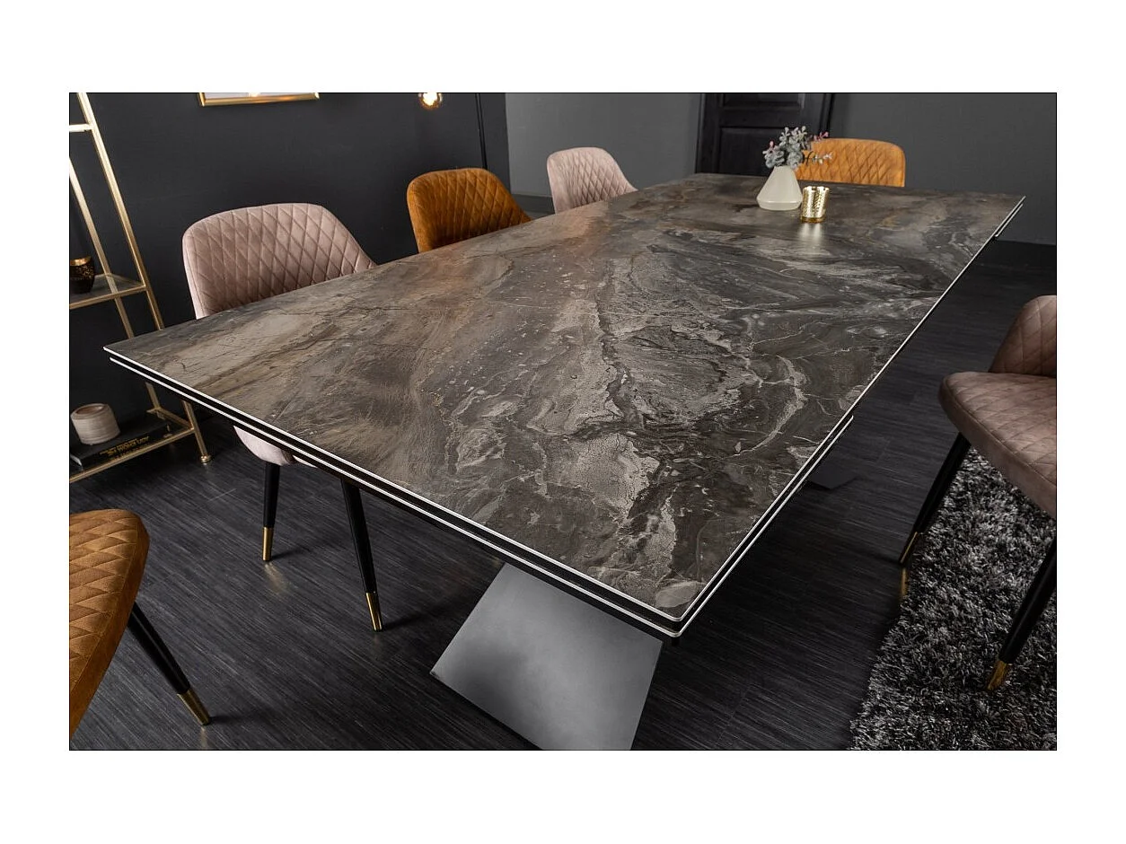 Table de salle à manger STELIX 180–220–260 cm – Plateau en céramique effet marbre et verre trempé