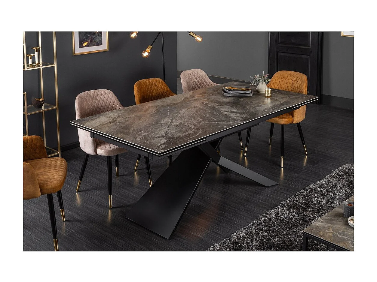 Table de salle à manger STELIX 180–220–260 cm – Plateau en céramique effet marbre et verre trempé