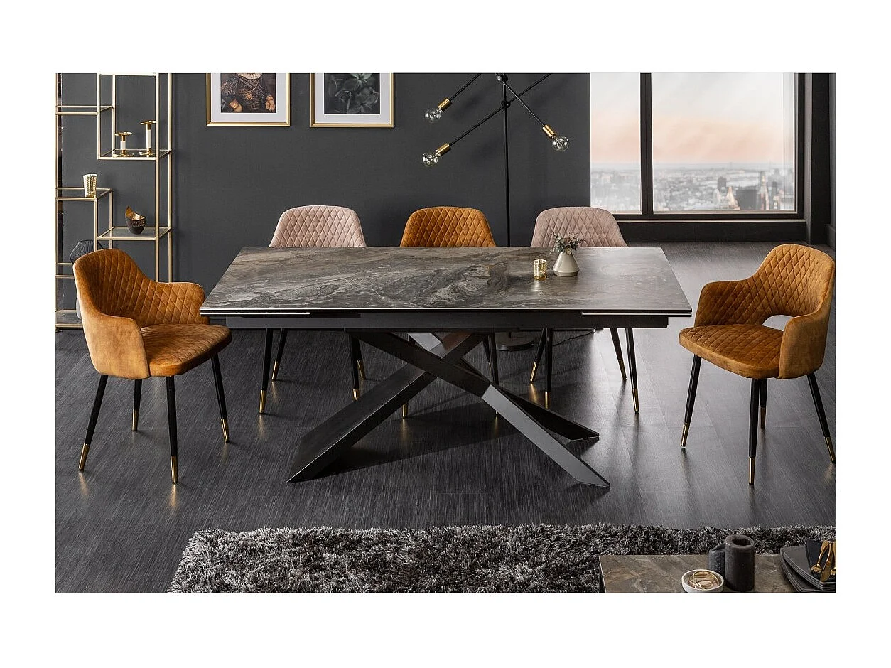 Table de salle à manger STELIX 180–220–260 cm – Plateau en céramique effet marbre et verre trempé