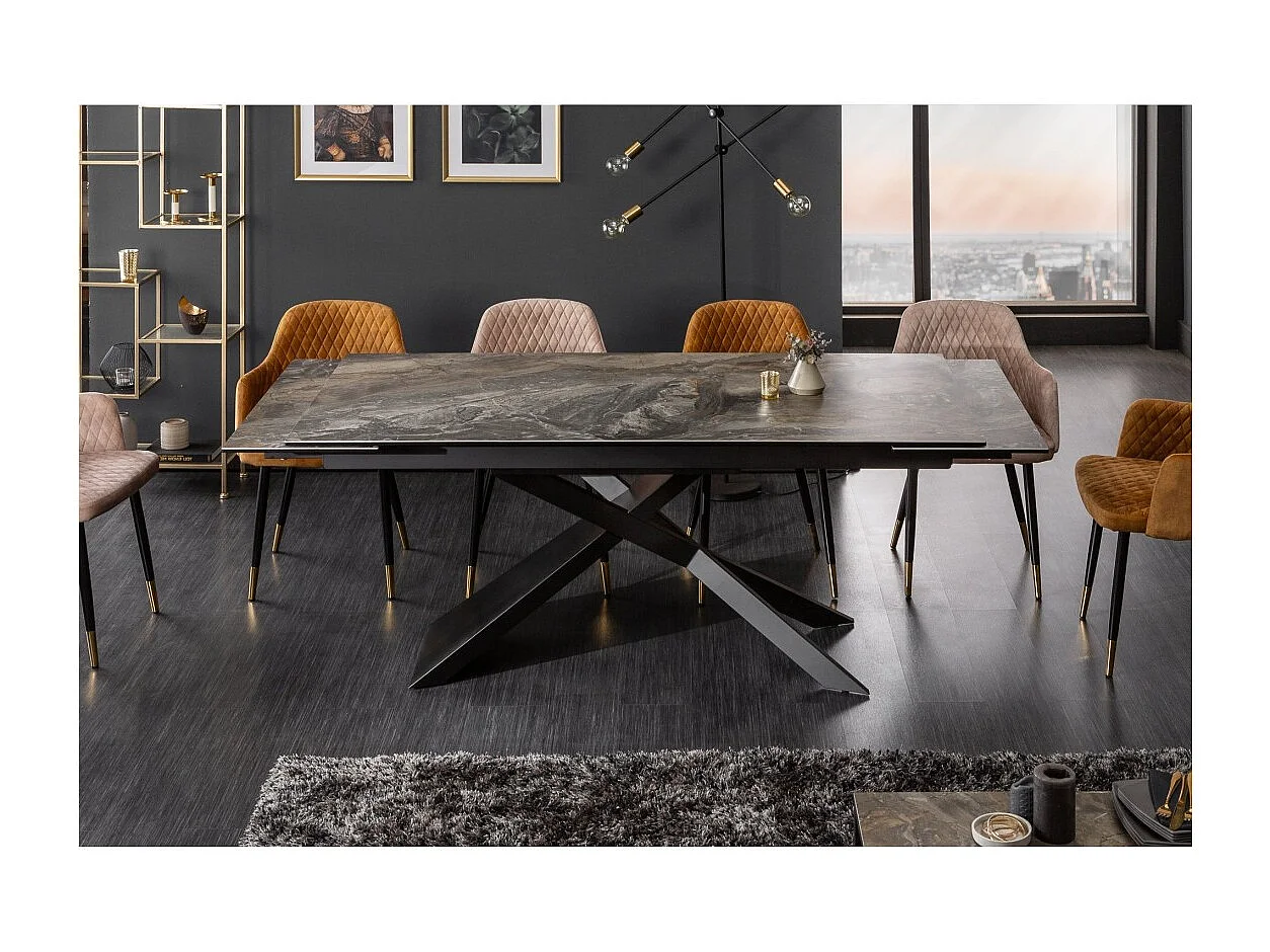 Table de salle à manger STELIX 180–220–260 cm – Plateau en céramique effet marbre et verre trempé