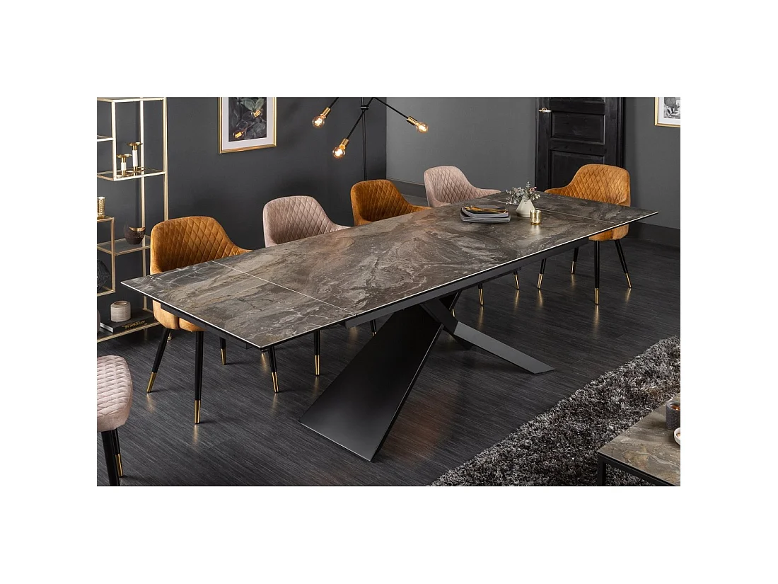 Mesa de comedor STELIX 180–220–260 cm – Tablero de cerámica efecto mármol y vidrio templado