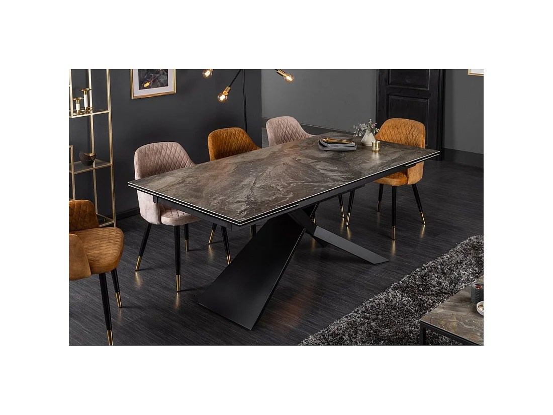 Mesa de comedor STELIX 180–220–260 cm – Tablero de cerámica efecto mármol y vidrio templado