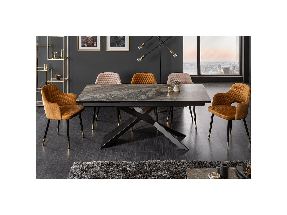 Mesa de comedor STELIX 180–220–260 cm – Tablero de cerámica efecto mármol y vidrio templado