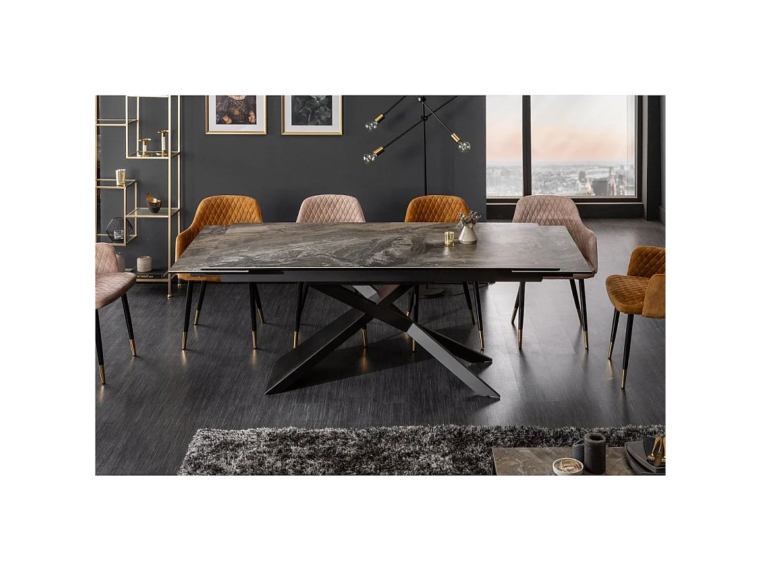 Mesa de comedor STELIX 180–220–260 cm – Tablero de cerámica efecto mármol y vidrio templado