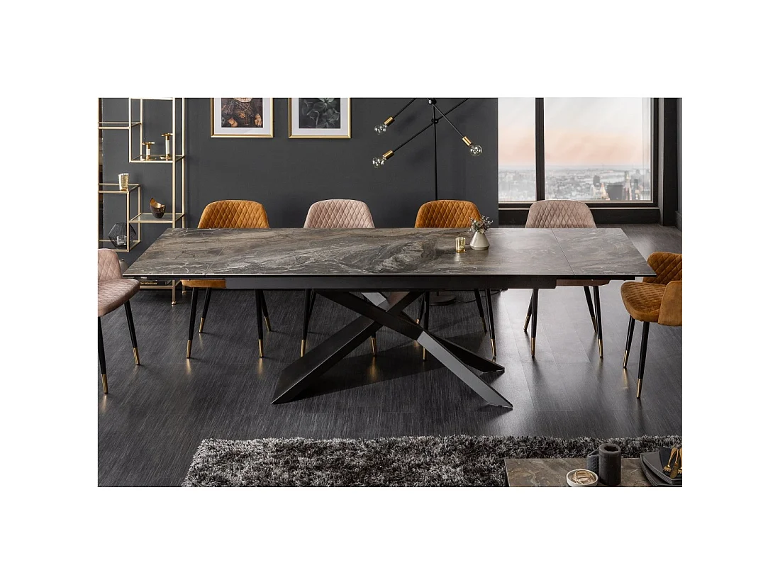 Mesa de comedor STELIX 180–220–260 cm – Tablero de cerámica efecto mármol y vidrio templado