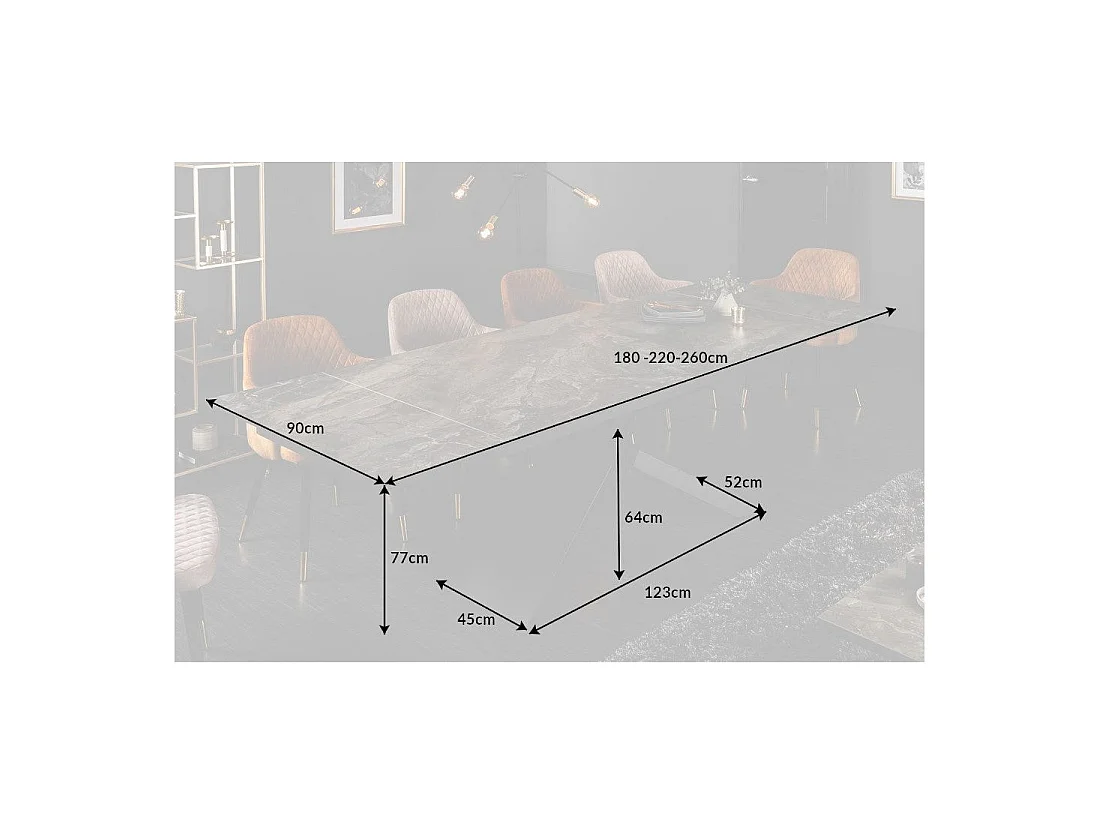 Eettafel STELIX 180–220–260 cm – Blad van keramiek met marmer effect en gehard glas