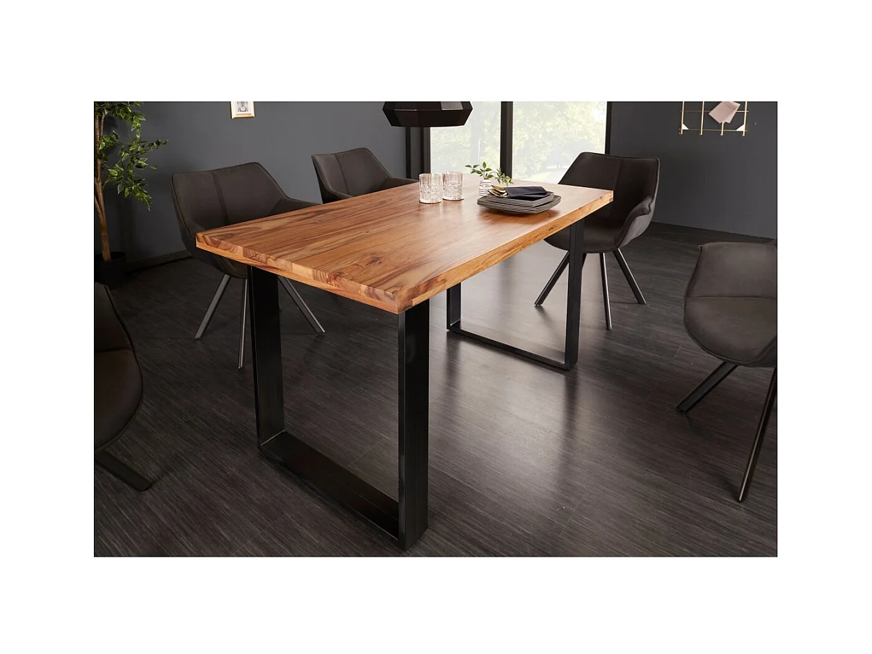 Table de salle à manger LODEN 120 cm – Plateau en bois massif de sheesham verni – Pieds en U en métal noir
