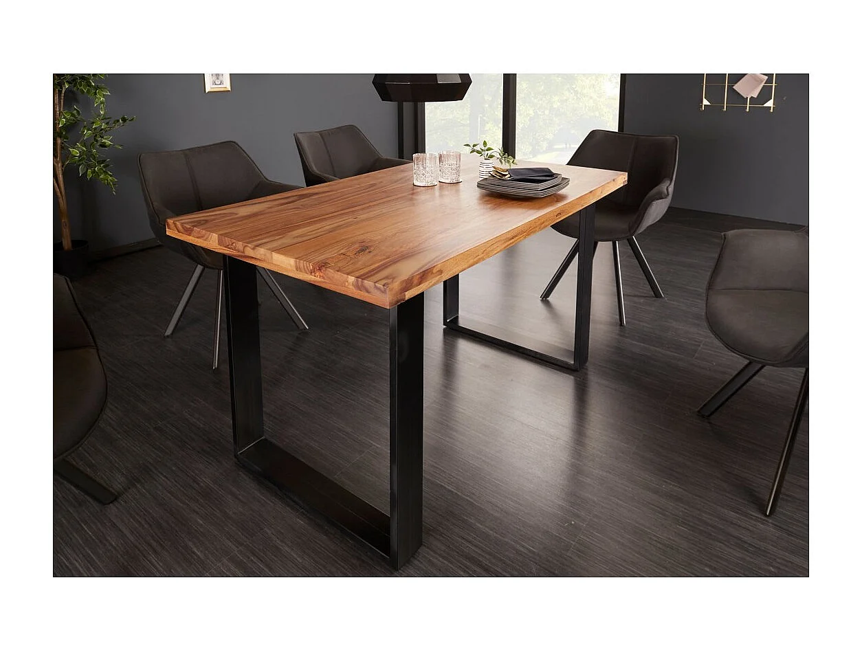 Table de salle à manger LODEN 120 cm – Plateau en bois massif de sheesham verni – Pieds en U en métal noir