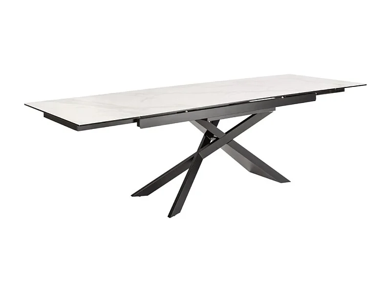 Table STELIX 180–220–260 cm – Plateau en céramique effet marbre blanc et verre trempé – Extensible avec pieds en métal noir