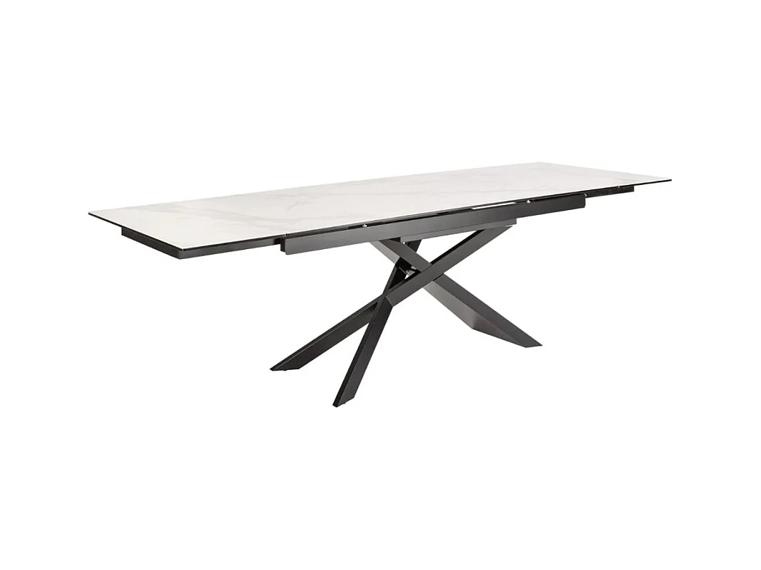 Table STELIX 180–220–260 cm – Plateau en céramique effet marbre blanc et verre trempé – Extensible avec pieds en métal noir