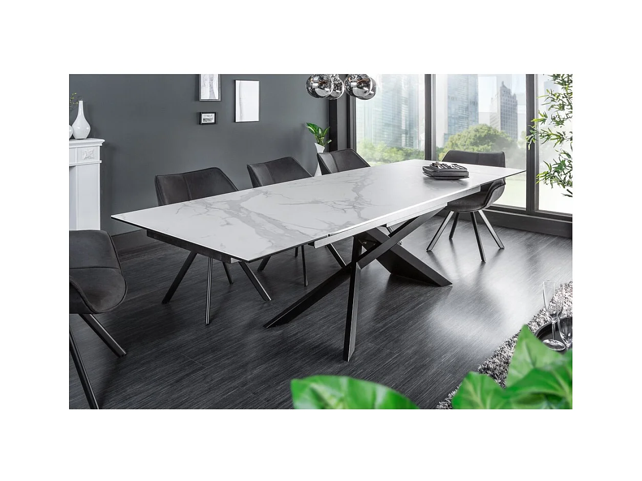 Table STELIX 180–220–260 cm – Plateau en céramique effet marbre blanc et verre trempé – Extensible avec pieds en métal noir