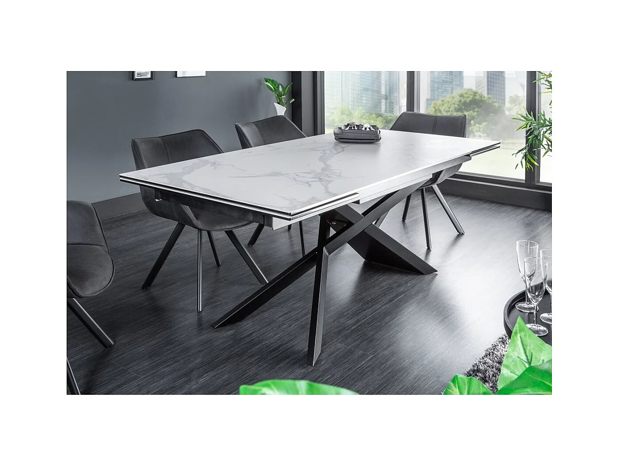 Table STELIX 180–220–260 cm – Plateau en céramique effet marbre blanc et verre trempé – Extensible avec pieds en métal noir