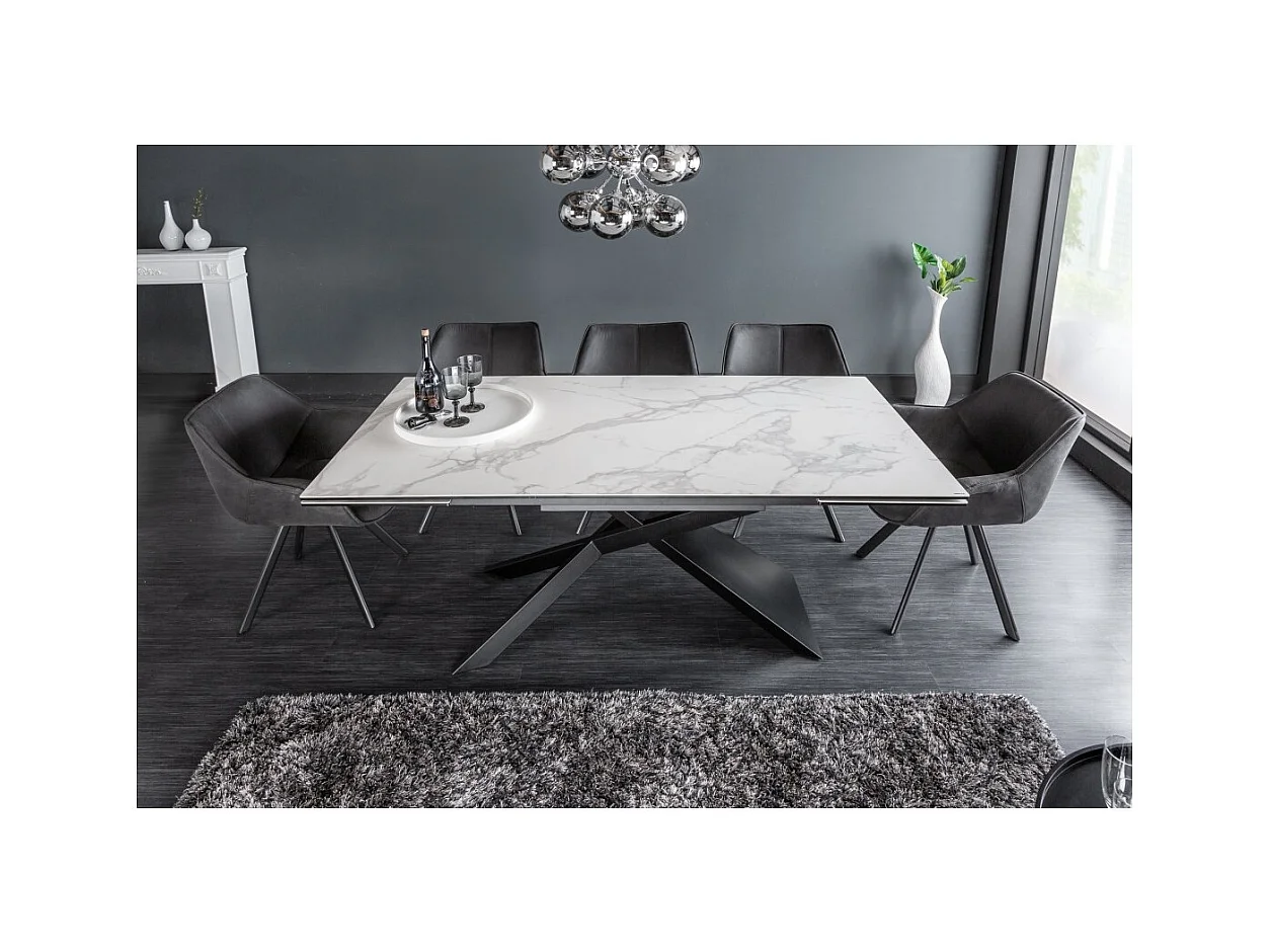 Table STELIX 180–220–260 cm – Plateau en céramique effet marbre blanc et verre trempé – Extensible avec pieds en métal noir