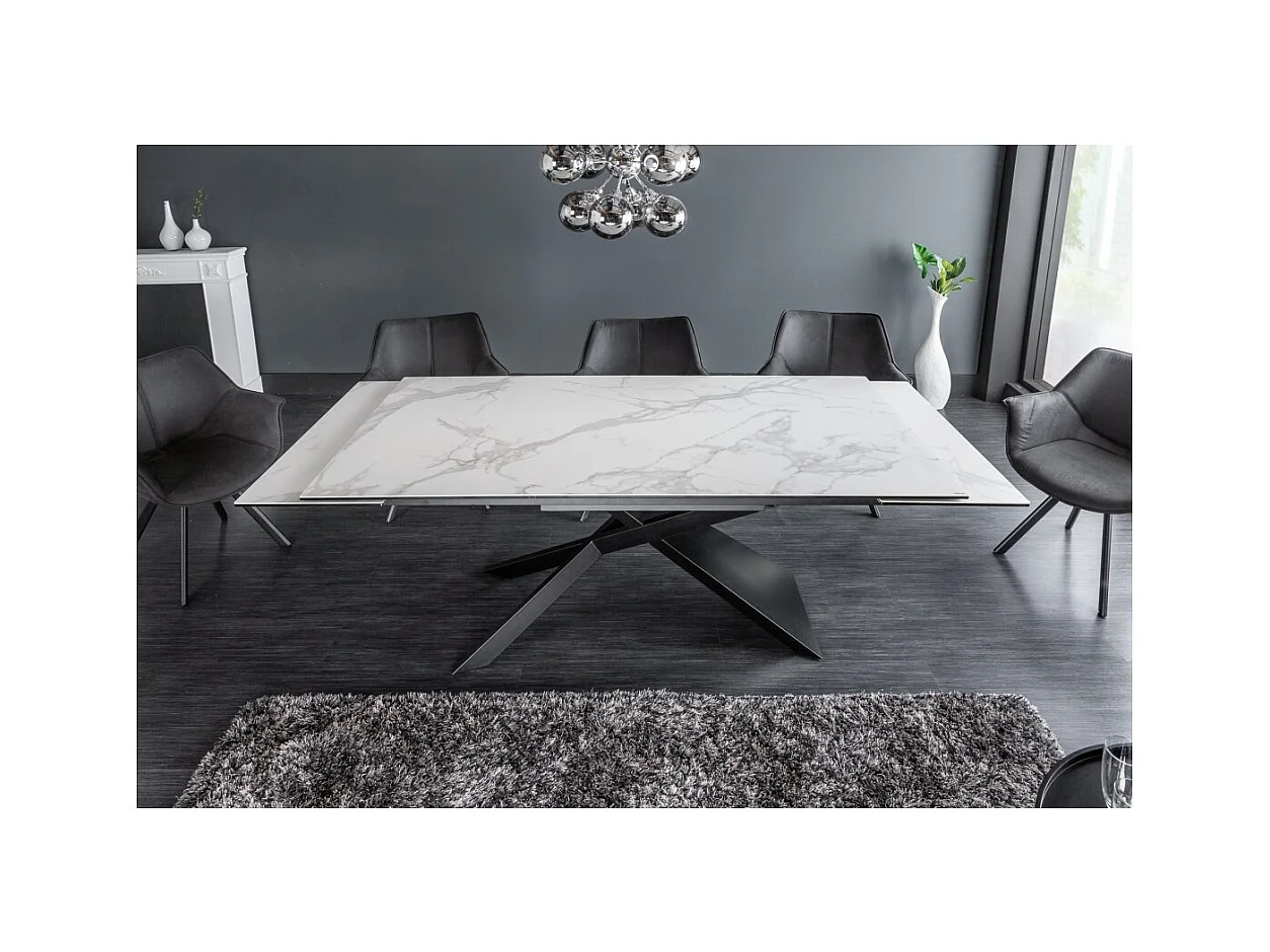 Table STELIX 180–220–260 cm – Plateau en céramique effet marbre blanc et verre trempé – Extensible avec pieds en métal noir