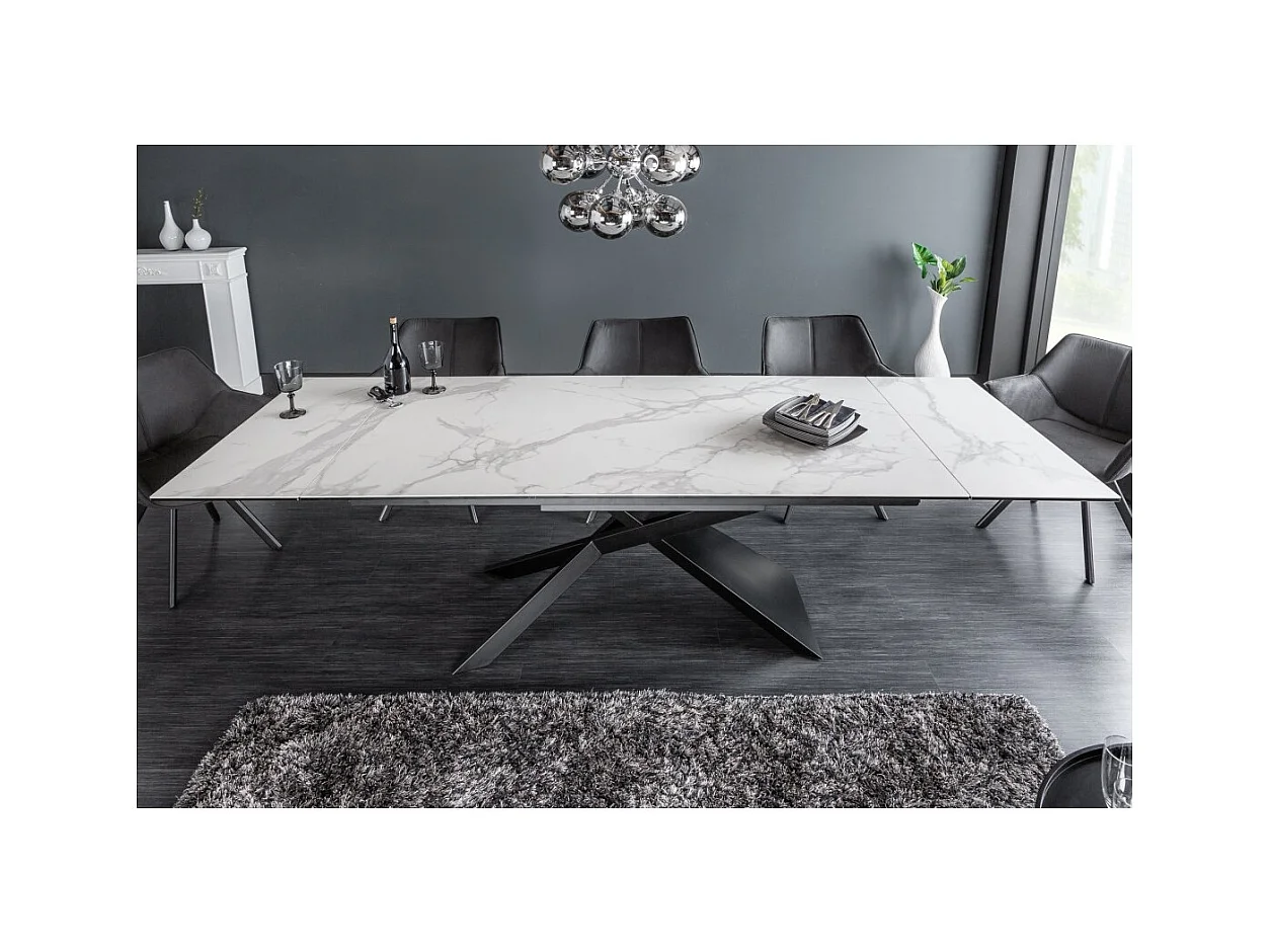 Table STELIX 180–220–260 cm – Plateau en céramique effet marbre blanc et verre trempé – Extensible avec pieds en métal noir