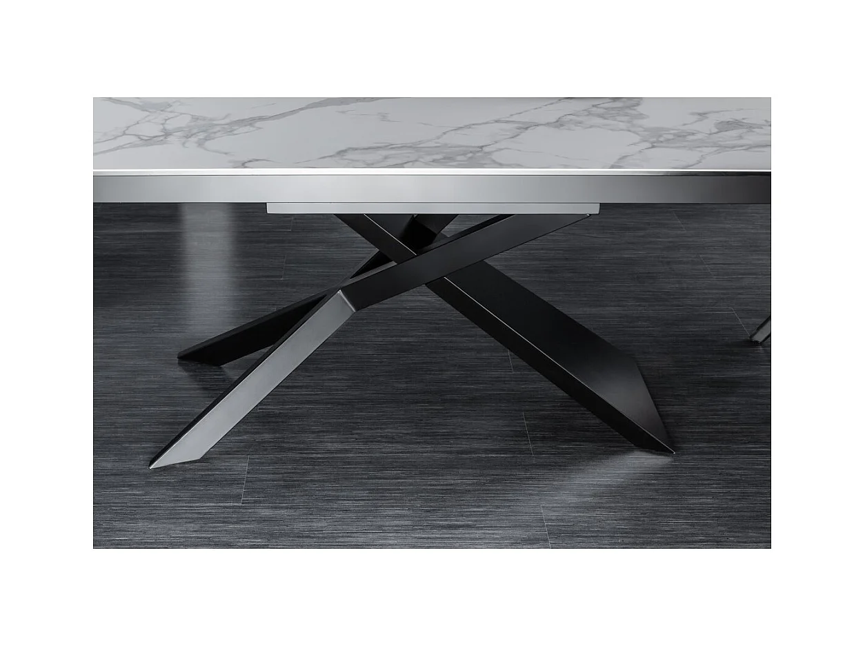 Table STELIX 180–220–260 cm – Plateau en céramique effet marbre blanc et verre trempé – Extensible avec pieds en métal noir