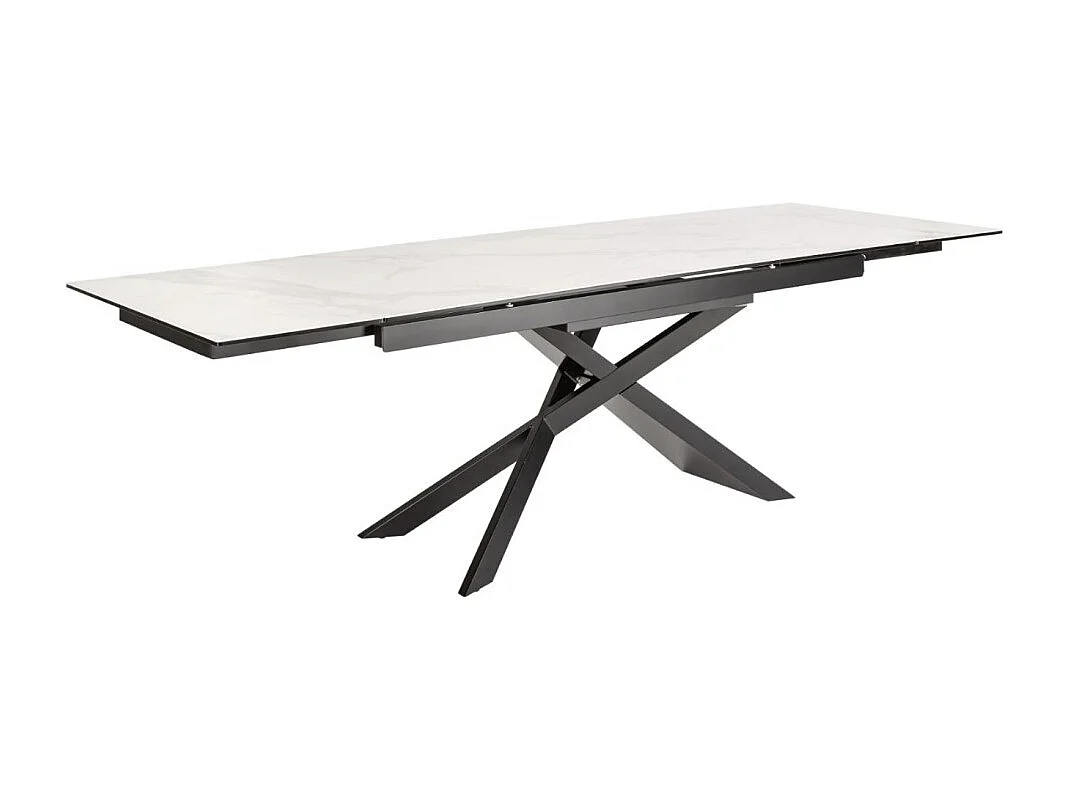 Table STELIX 180–220–260 cm – Plateau en céramique effet marbre blanc et verre trempé – Extensible avec pieds en métal noir