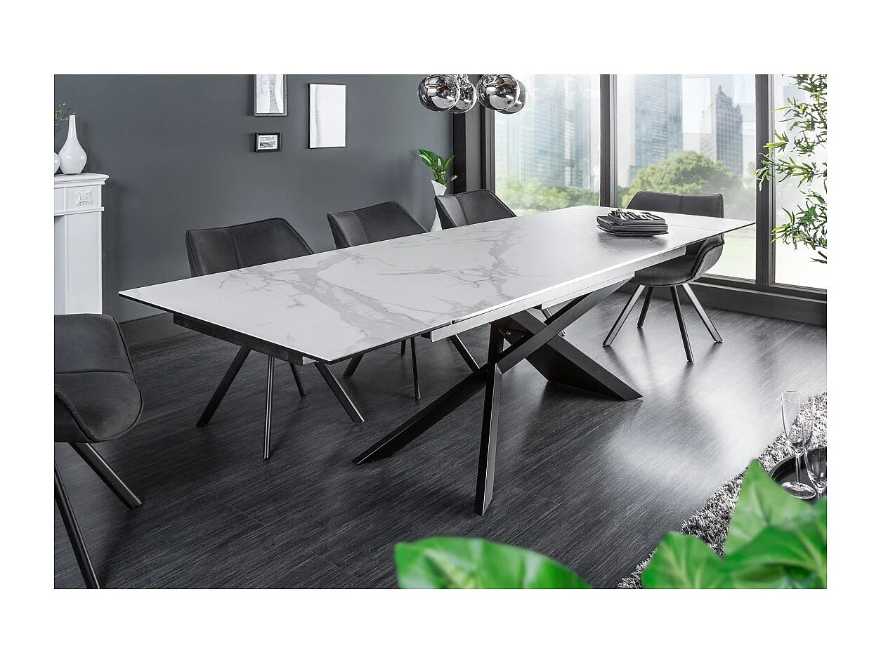 Table STELIX 180–220–260 cm – Plateau en céramique effet marbre blanc et verre trempé – Extensible avec pieds en métal noir