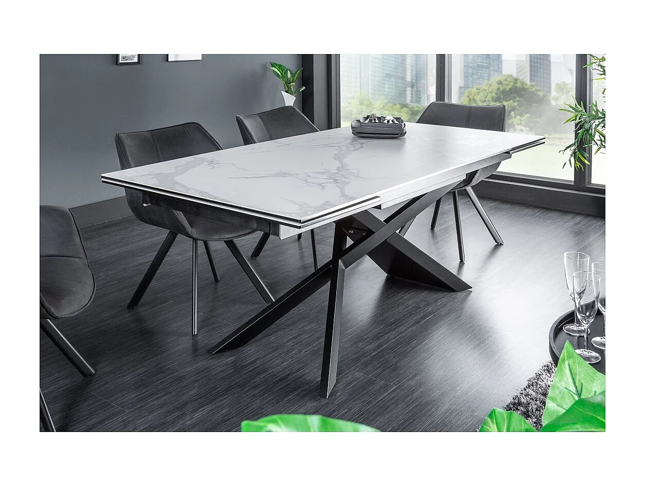Table STELIX 180–220–260 cm – Plateau en céramique effet marbre blanc et verre trempé – Extensible avec pieds en métal noir