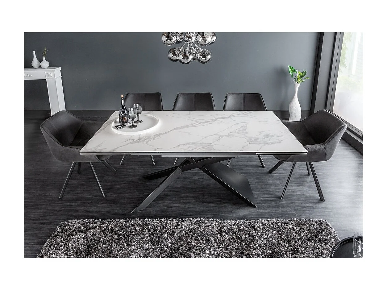Table STELIX 180–220–260 cm – Plateau en céramique effet marbre blanc et verre trempé – Extensible avec pieds en métal noir