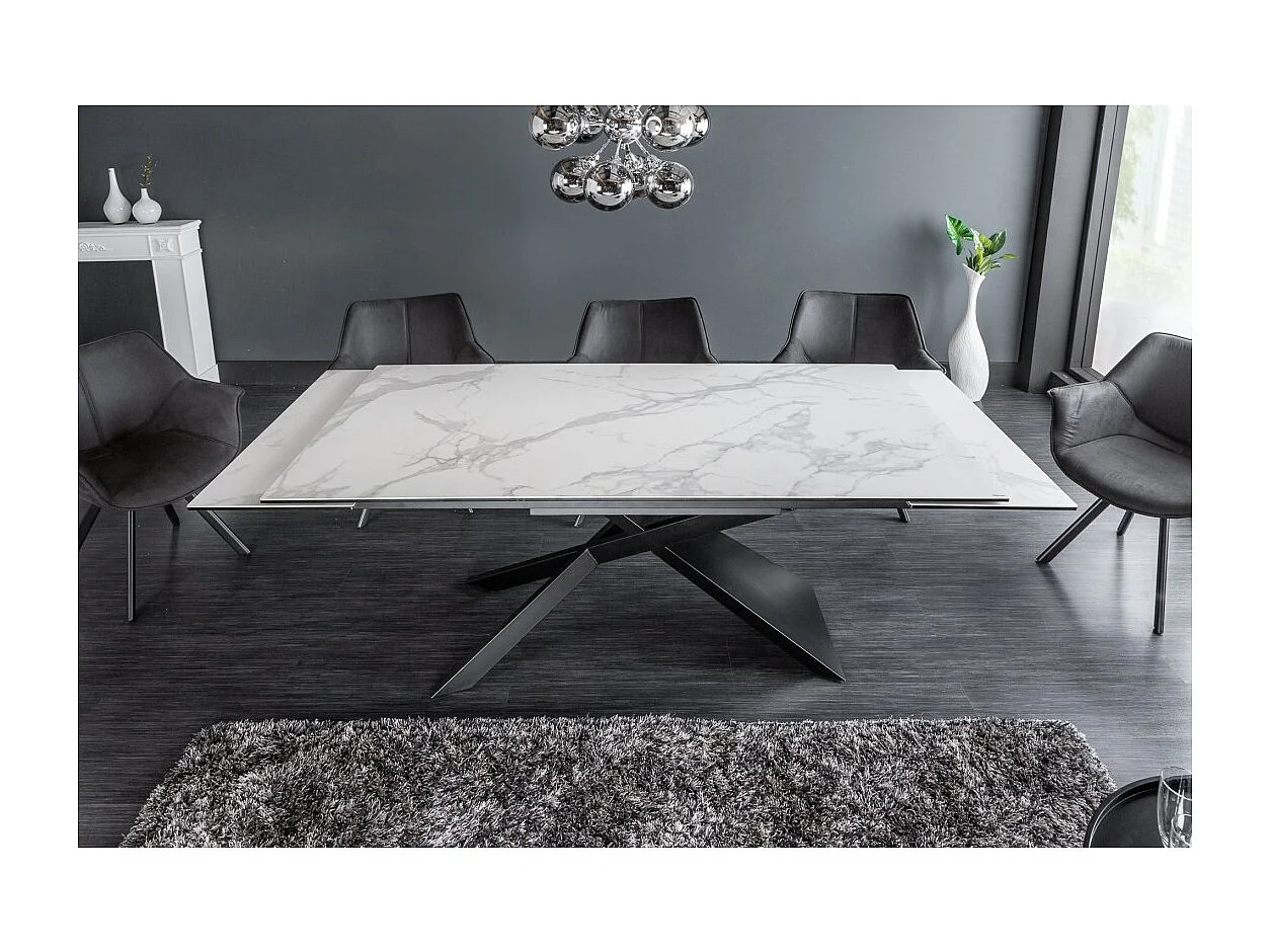 Table STELIX 180–220–260 cm – Plateau en céramique effet marbre blanc et verre trempé – Extensible avec pieds en métal noir