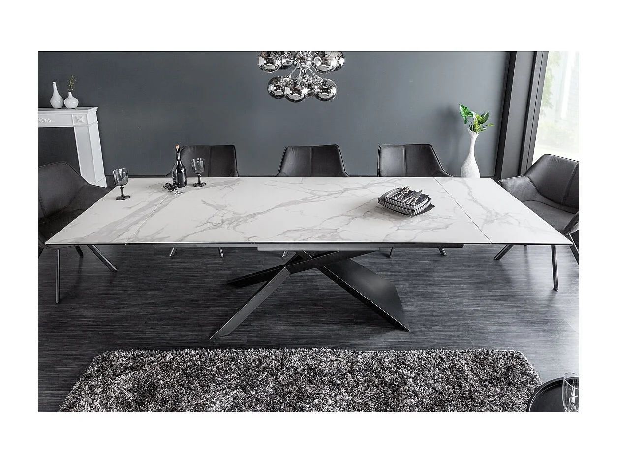 Table STELIX 180–220–260 cm – Plateau en céramique effet marbre blanc et verre trempé – Extensible avec pieds en métal noir
