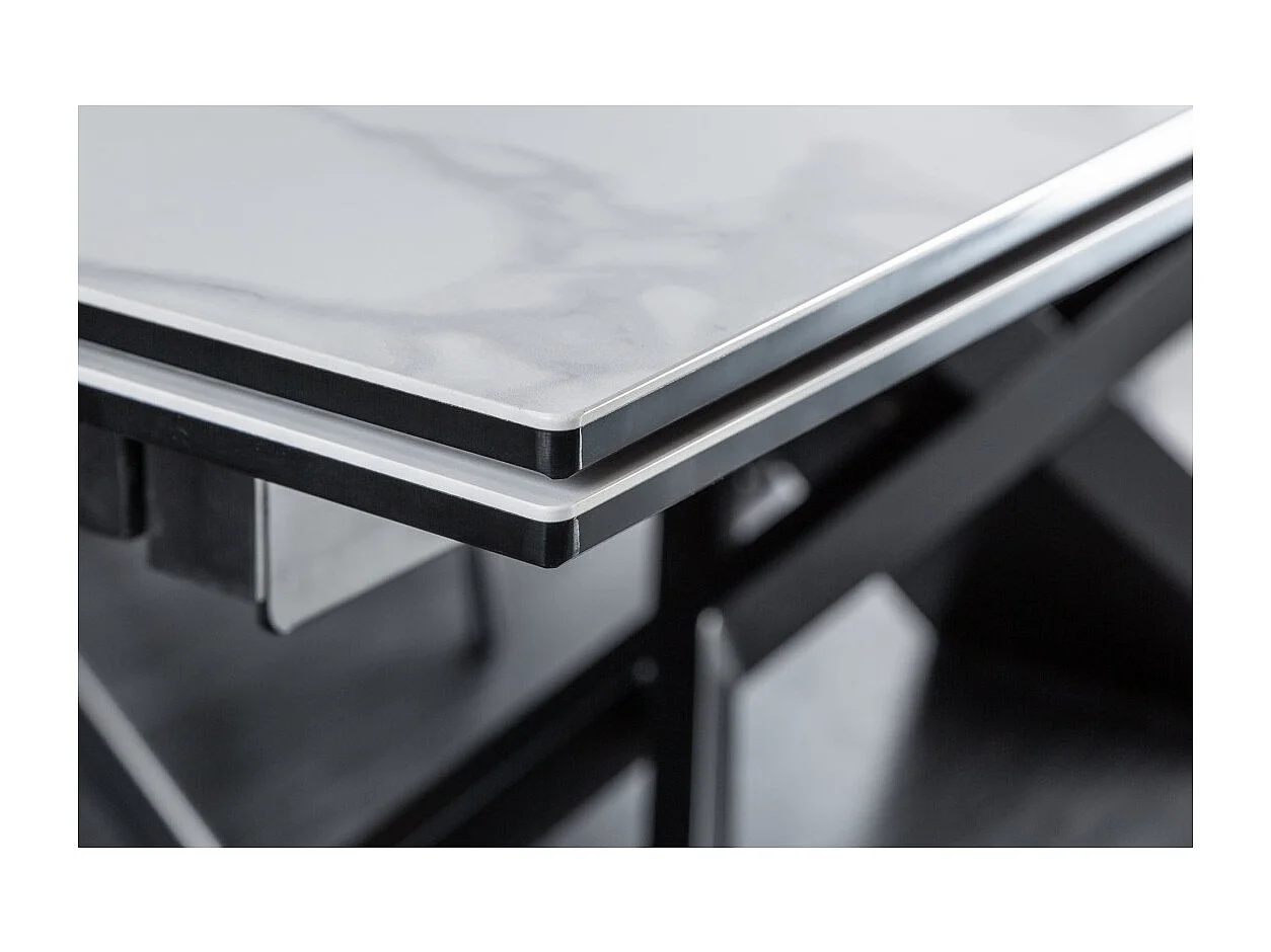 Table STELIX 180–220–260 cm – Plateau en céramique effet marbre blanc et verre trempé – Extensible avec pieds en métal noir