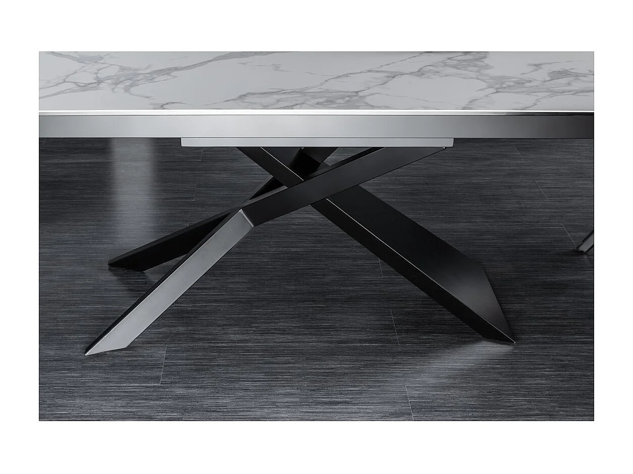 Table STELIX 180–220–260 cm – Plateau en céramique effet marbre blanc et verre trempé – Extensible avec pieds en métal noir